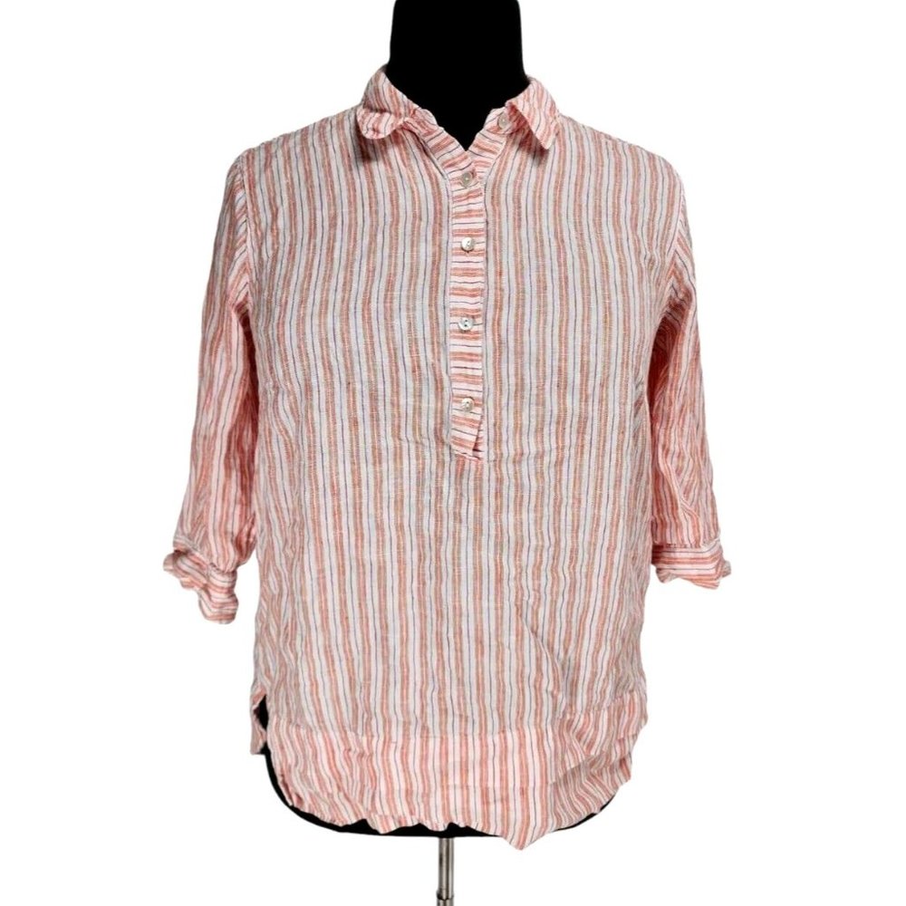 J.Jill Womens 1/4 Button Up Top Plus Size 1X Orange Striped 100% Linen  74P